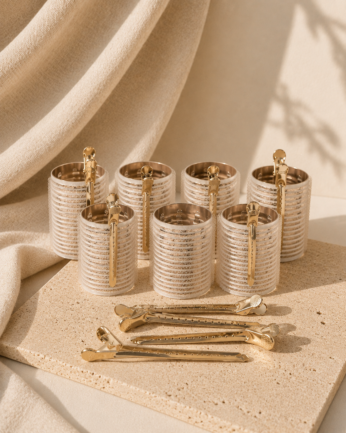 Moonchild Gold Thermal Velcro Rollers - Pack of 8 with clips and beauty bag